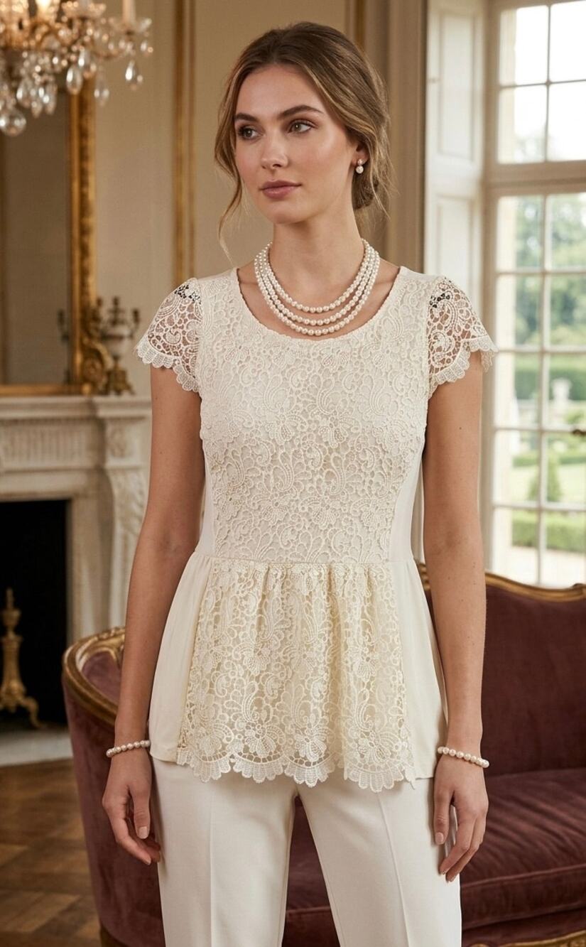 Cremieux Ivory Floral Crochet Lace Peplum Blouse Short Sleeve Top